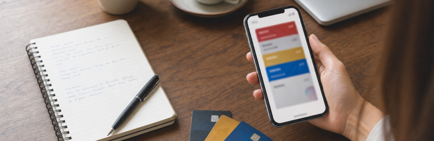 Smartphone mit geöffneter Wallet-App auf einem Schreibtisch, daneben Bankkarten und ein Notizbuch