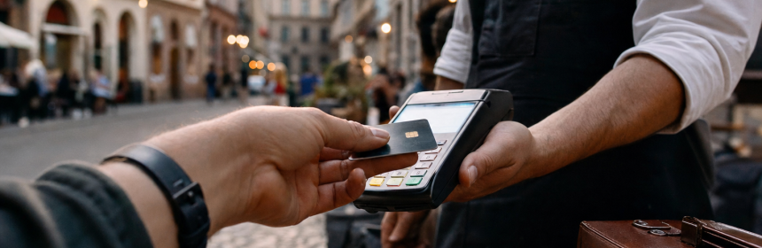 Hand hält Kreditkarte an ein Kartenterminal, auf dem Display die Auswahl zwischen zwei Währungen