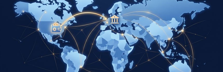 Weltkarte mit leuchtenden Verbindungslinien zwischen verschiedenen Kontinenten, Symbol für digitale Geldüberweisung